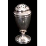 AN 18TH CENTURY SILVER POUNCE POT of bulbous form with a screwed pierced domed top, standing on a