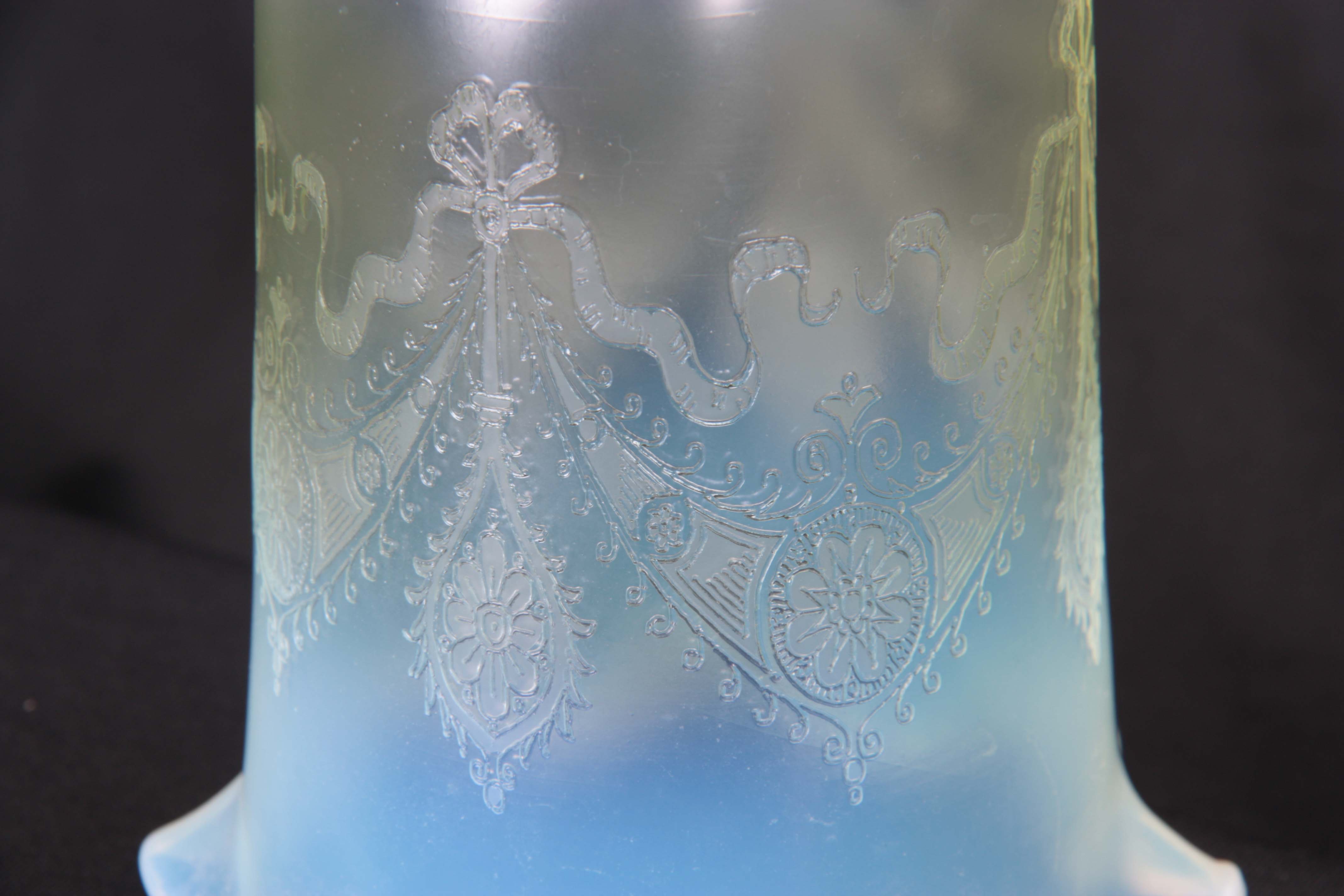 A 20TH CENTURY VASELINE GLASS HANGING SHADE of tapered form with scalloped rim and acid etched - Image 2 of 6