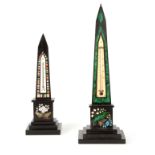 TWO 19TH CENTURY DERBYSHIRE SLATE PIETRA-DURA OBELISK THERMOMETERS the taller with a malachite