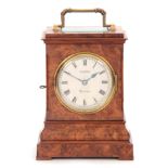 CLERKE, LONDON A SMALL 19TH CENTURY BURR WALNUT CARRIAGE STYLE FUSEE MANTEL CLOCK WITH ALARM the
