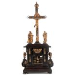 A RARE LATE 17TH CENTURY SOUTH GERMAN STRIKING CRUCIFIX CLOCK WITH ALARM surmounted by a gilt bronze