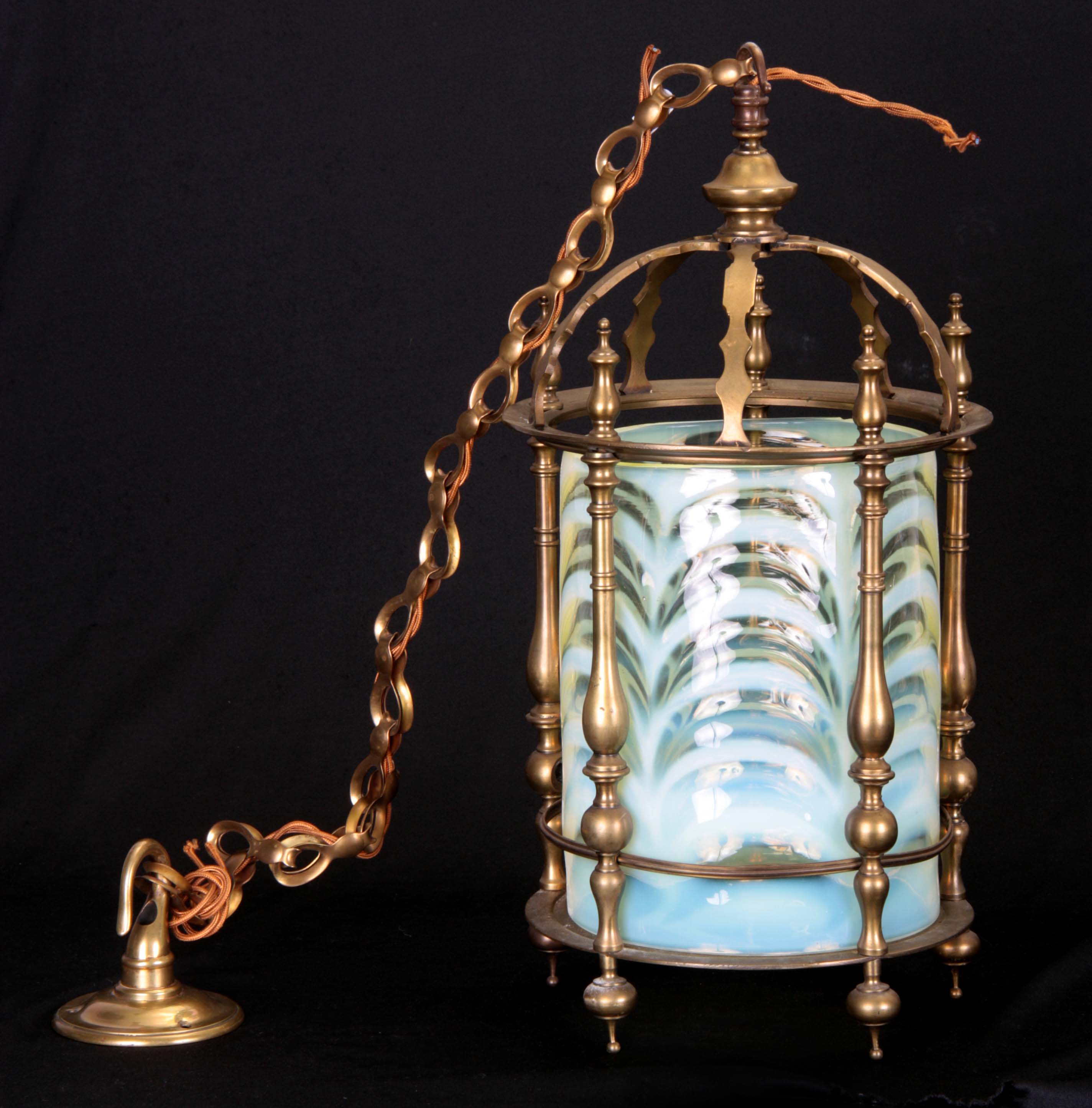A GOOD LATE 19TH CENTURY ELECTRIFIED BRASS FRAMED HANGING HALL LANTERN complete with brass hanging