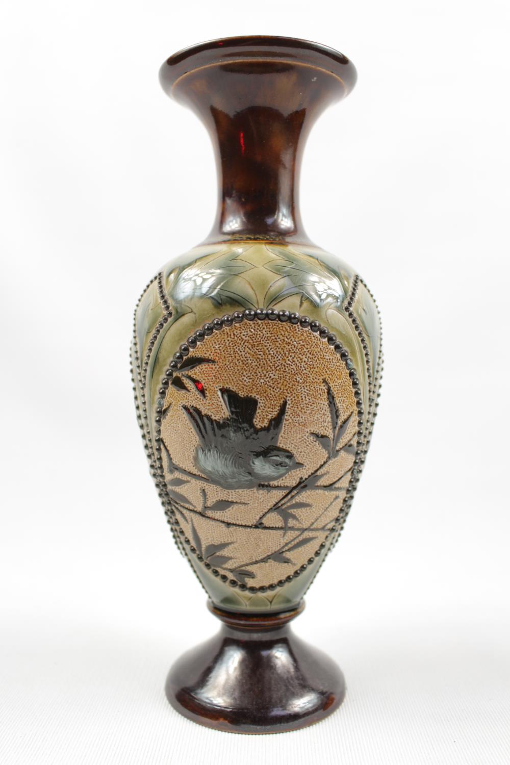 Florence Barlow Royal Doulton narrow vase with Bird decorated panel and foliate decoration,