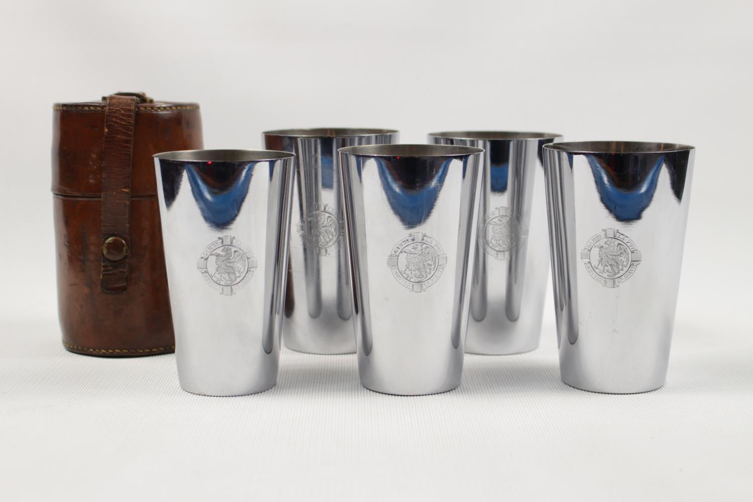 Leather cased Set of 5 Silver plated graduated Beakers, Sir Charles Barry Family Crest and moto