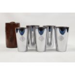 Leather cased Set of 5 Silver plated graduated Beakers, Sir Charles Barry Family Crest and moto