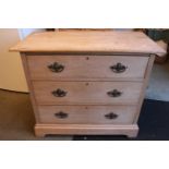 Edwardian Beech Dressing chest of 3 drawers with brass drop handles, 99cm in Width