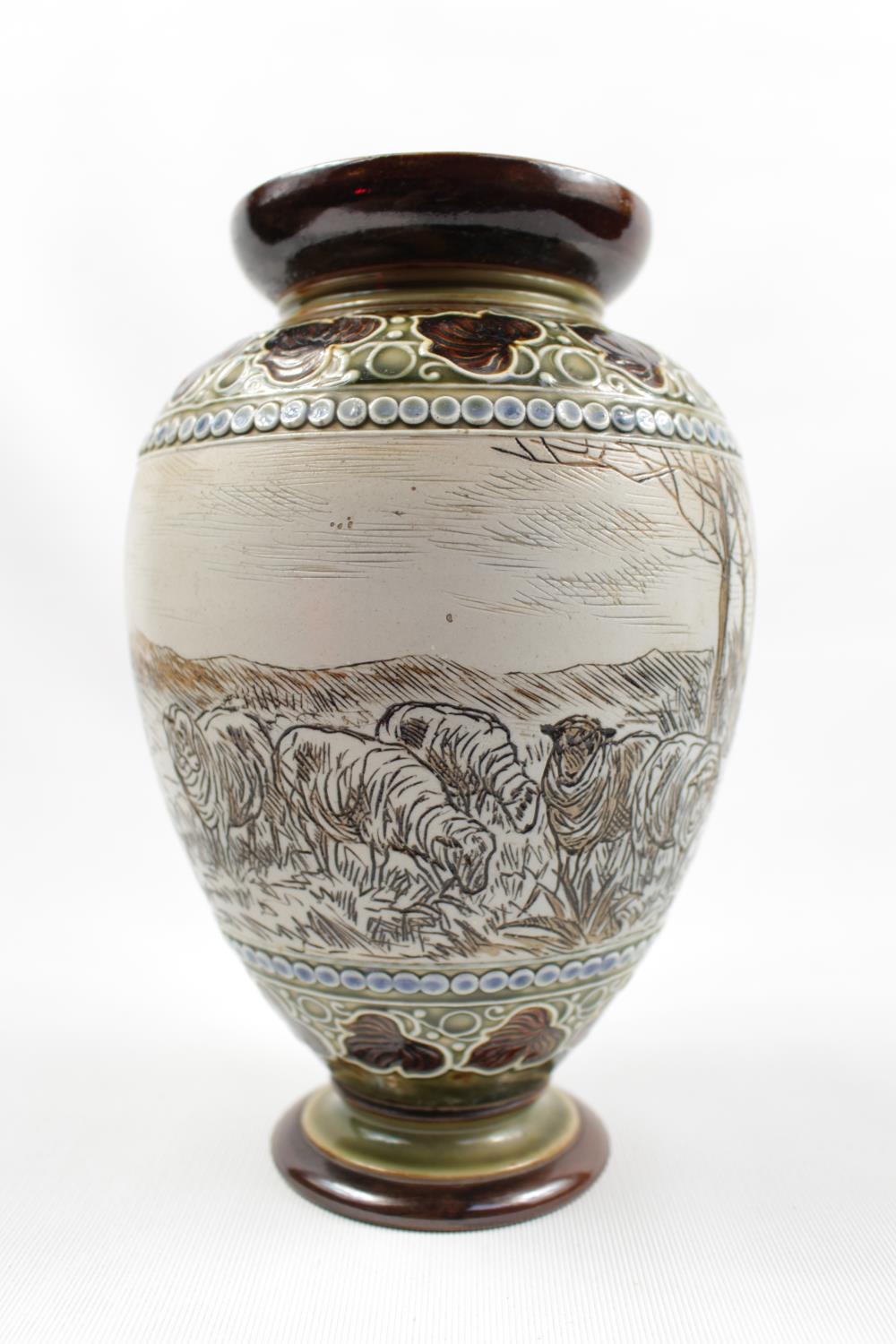 Hannah Barlow Royal Doulton Vase with Sgraffito work depiction of grazing sheep in moorland - Image 2 of 3