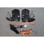 Collection of Reenactment Cowboy Boots with Spurs and a Leather bound Water Flask