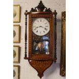 Late 19thC Wall clock of Walnut and Mahogany Inlay with Roman numeral dial