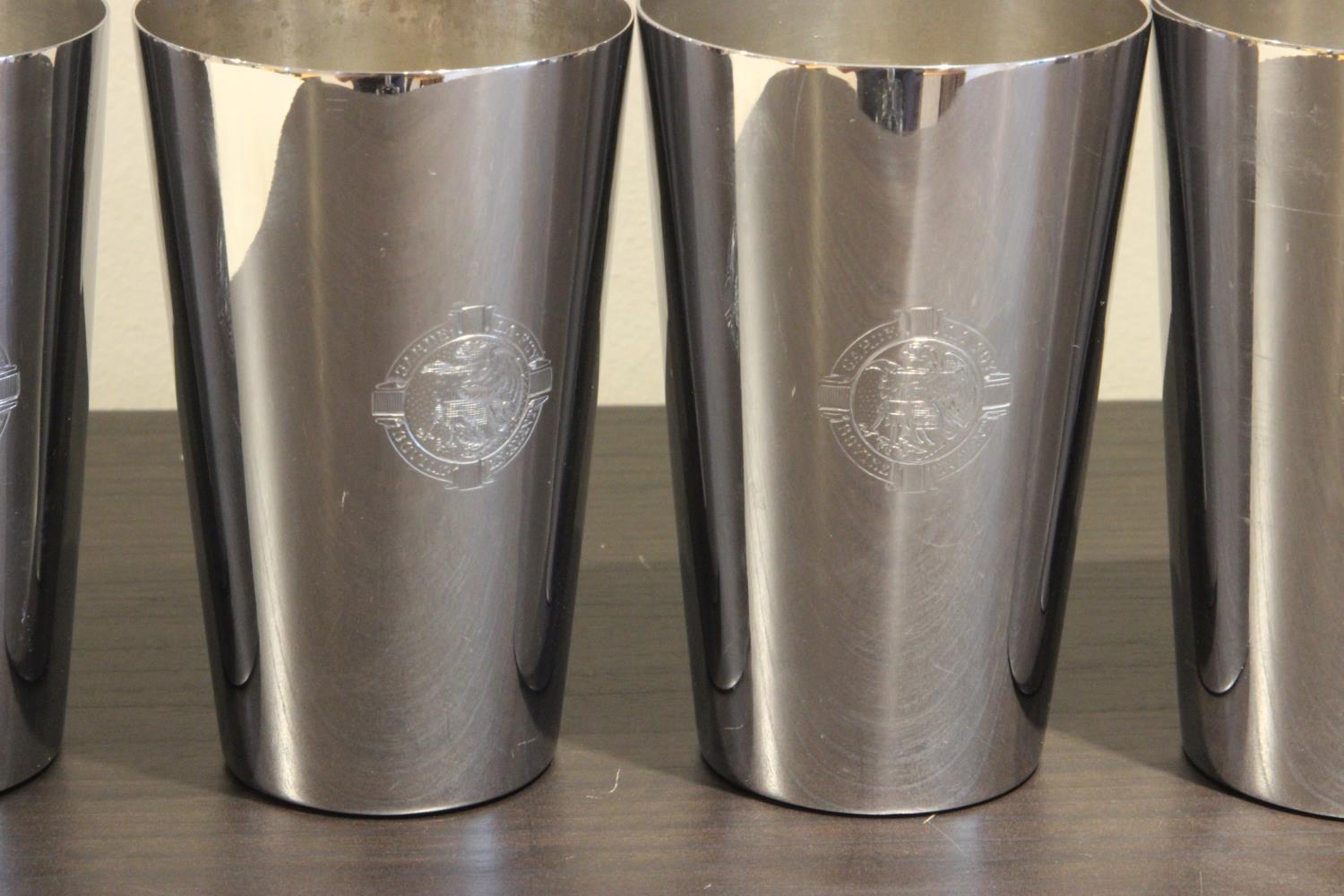 Leather cased Set of 5 Silver plated graduated Beakers, Sir Charles Barry Family Crest and moto - Image 2 of 8