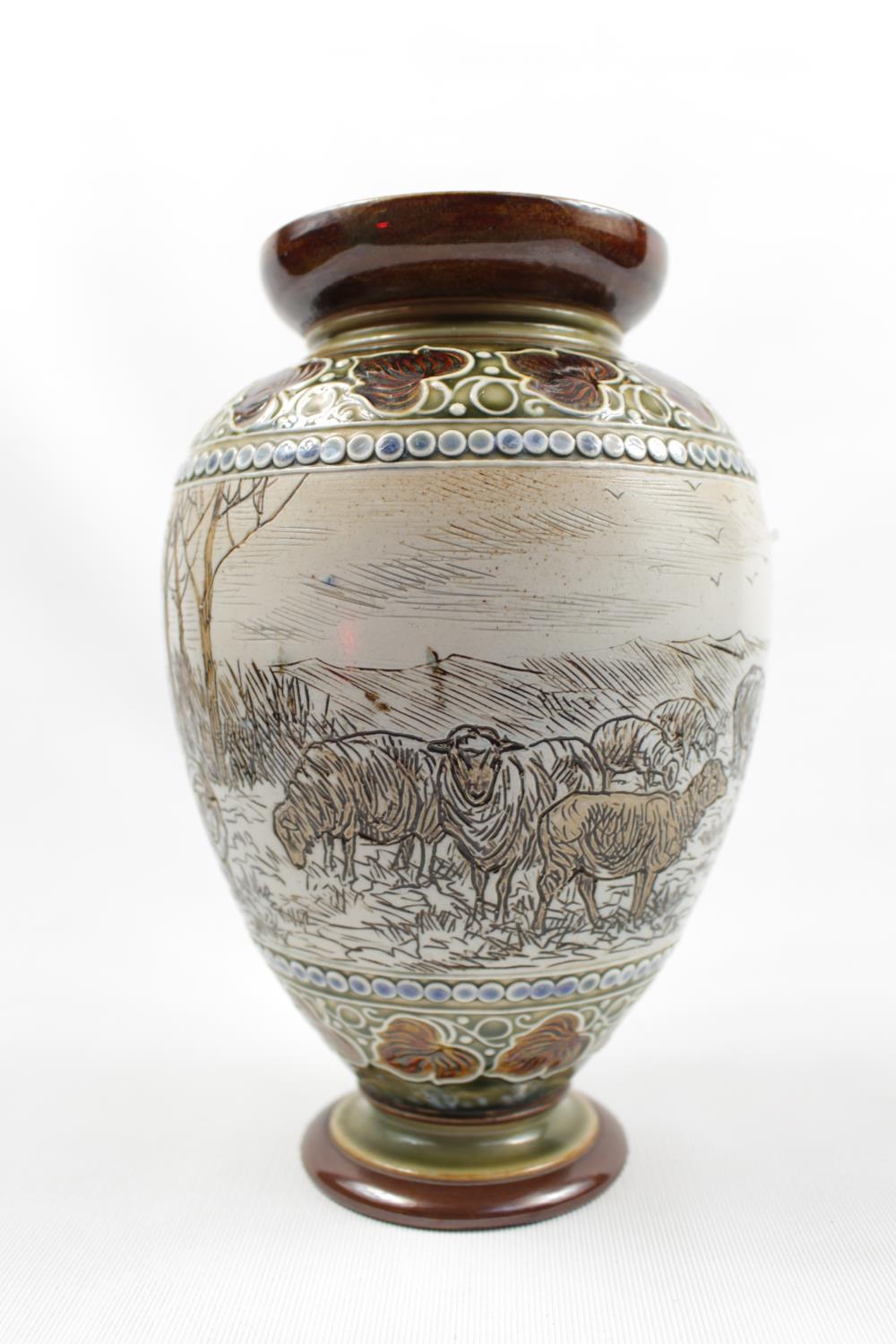 Hannah Barlow Royal Doulton Vase with Sgraffito work depiction of grazing sheep in moorland