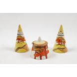 CLARICE CLIFF. A Wilkinson Ltd., Clarice Cliff Bizarre conical cruet set in the Coral Firs