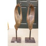 Pair of Balinese Bronze Hands mounted on metal poles and wooden base, 70cm in Height