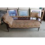 Late 19thC Upholstered Chaise Longue with carved decorative back on cabriole legs