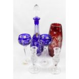 Bohemian Cut Crystal Blue overlay glass decanter, with matching Hock glasses and a Bohemian Red