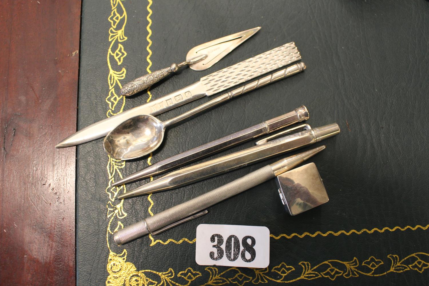 Collection of assorted Silver items inc. Pill Box, Propelling Pencils, Letter Opener etc