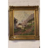 E. Rudolph Swiss Oil on canvas of a Mountain scene in Gilt Gesso Frame 48 x 58cm