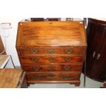 19thC Mahogany Fall front bureau over 4 drawers with brass drop handles over bracket feet, 90cm in