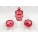 Victorian Cranberry glass Biscuit barrel with clear glass central frill and 2 matching sucriers.
