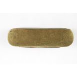 An 18th century Dutch brass and copper rounded rectangular tobacco box, hinged cover engraved 18thC,