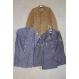 3 military tunics, Army and RAF plus 2 pairs military overalls (5 items)