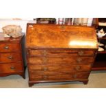 George III Walnut Fronted Fall Front Bureau with fitted interior over 4 Inlaid drawers with brass