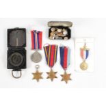 WW2 army compass, 4 medals (Africa Star, Burma Star, War Medal, 1939/1945 Star medal) cufflinks