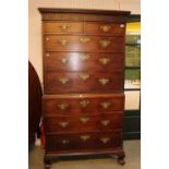 George II/III Chest on Chest of 8 Drawers with Brass drop handles, Dentil moulding over Cut out