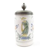 Antique Delft tankard with Polychrome Chinese figure and floral decoration with pewter hinged cover,