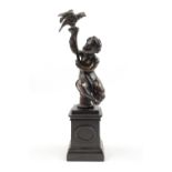 Late 19thC Cast Bronze figure of Cherub with surmounted Eagle on Pole, mounted on Square Regency