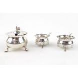 Pair of Walker & Hall Silver open Cauldron salts with spoons and a Silver Mustard, 135g total weight