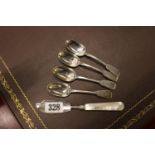 4 19thC Silver teaspoons and a Silver bladed butter knife with mother of pearl handle