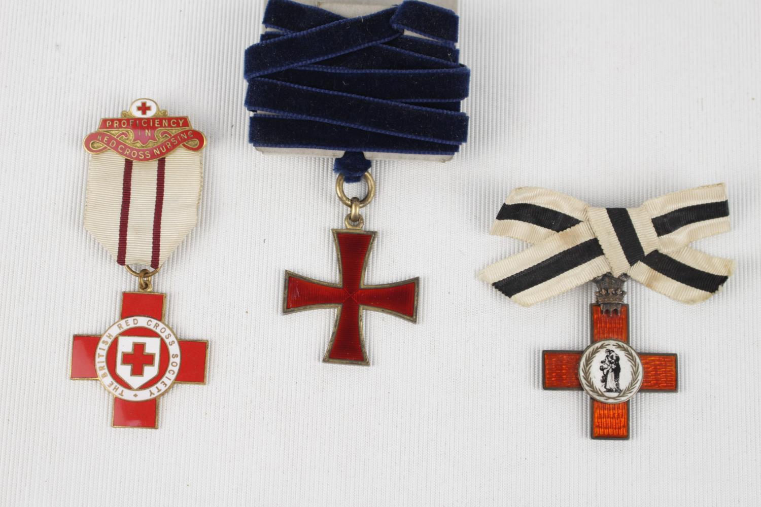 Collection of 3 Enamelled Red Cross medallions inc. League of Mercy 1898, J Baynes 27124 Enamelled