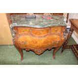 French Style Walnut Bombe Chest Of Drawers with Green shaped Granite top over applied brass floral