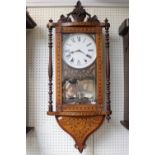 19thC Walnut and Mahogany wall clock of inlaid design with Roman numeral dial