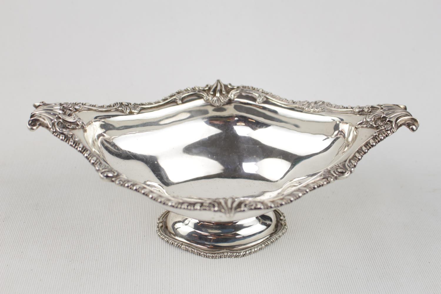 Edwardian Georgian Style Boat shaped dish with foliate border and scallop handles by Charles