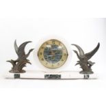 Art Deco White Marble clock with numeral dial and Bird Garnitures