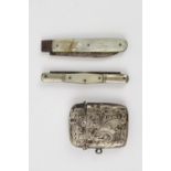 Edwardian Silver engraved match Vesta and 2 Fruit knives