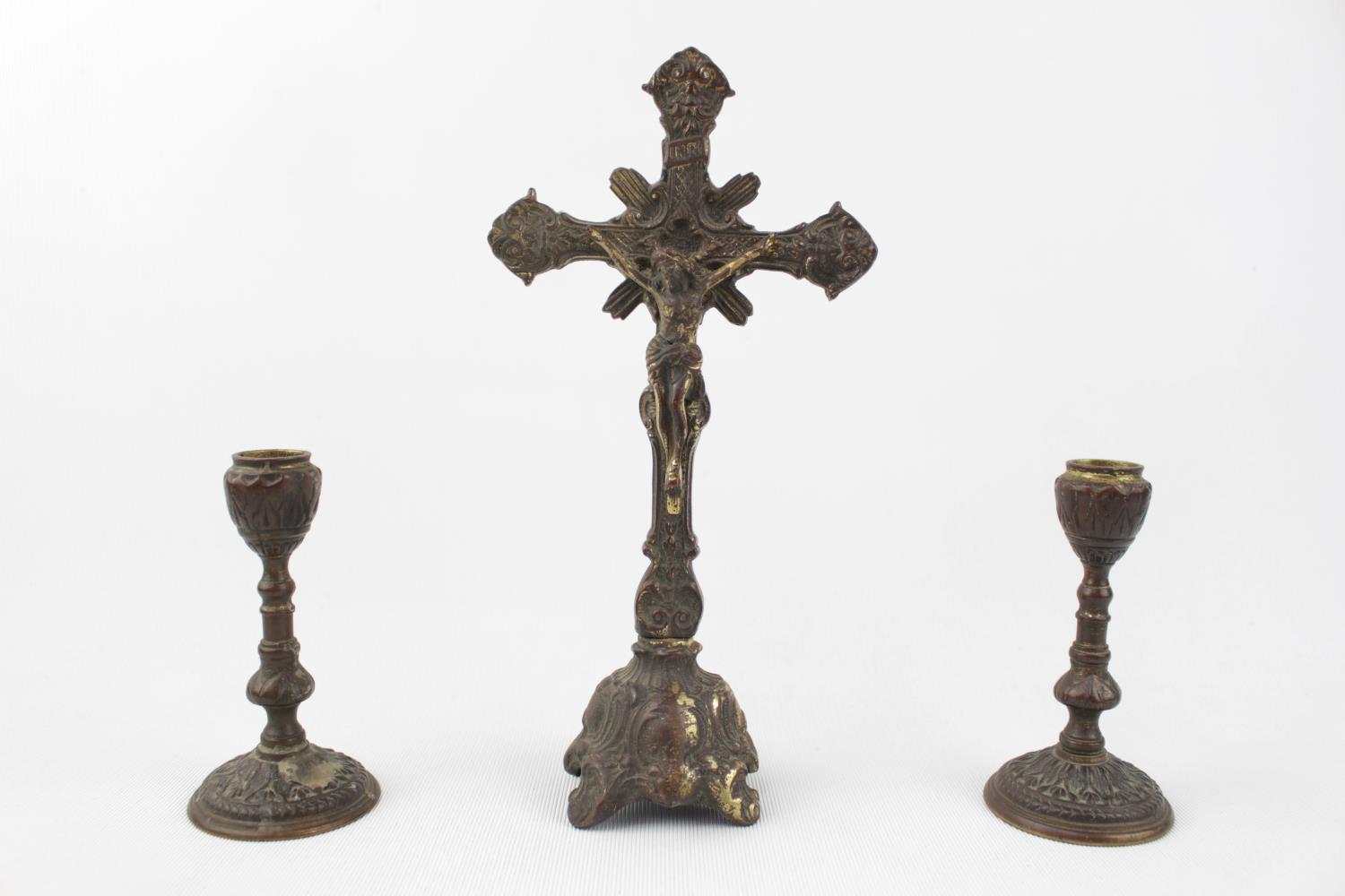 Brass Crucifix and 2 Brass candlesticks