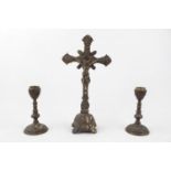 Brass Crucifix and 2 Brass candlesticks