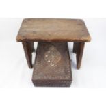 Indonesian Hardwood carved jewellery box and a Vintage Pine footstool