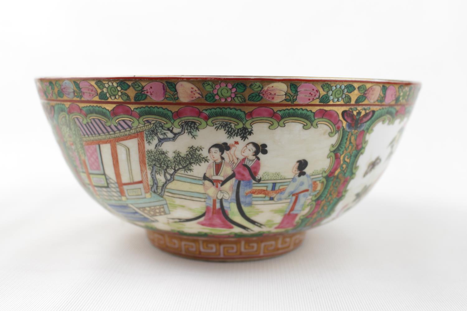 Large Famille Rose figural decorated Chinese bowl with central medallion, stamped Red ink mark to - Image 4 of 5