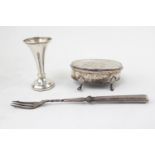 Oval Silver ring box, spill vase and mounted pickle fork, 140g total weight