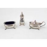 Early 20thC Silver three piece cruet set on pad feet, 122g excluding liner