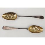 Pr of Georgian Berry Spoons embossed with fruit with Gilded bowls, one Edinburgh and the other