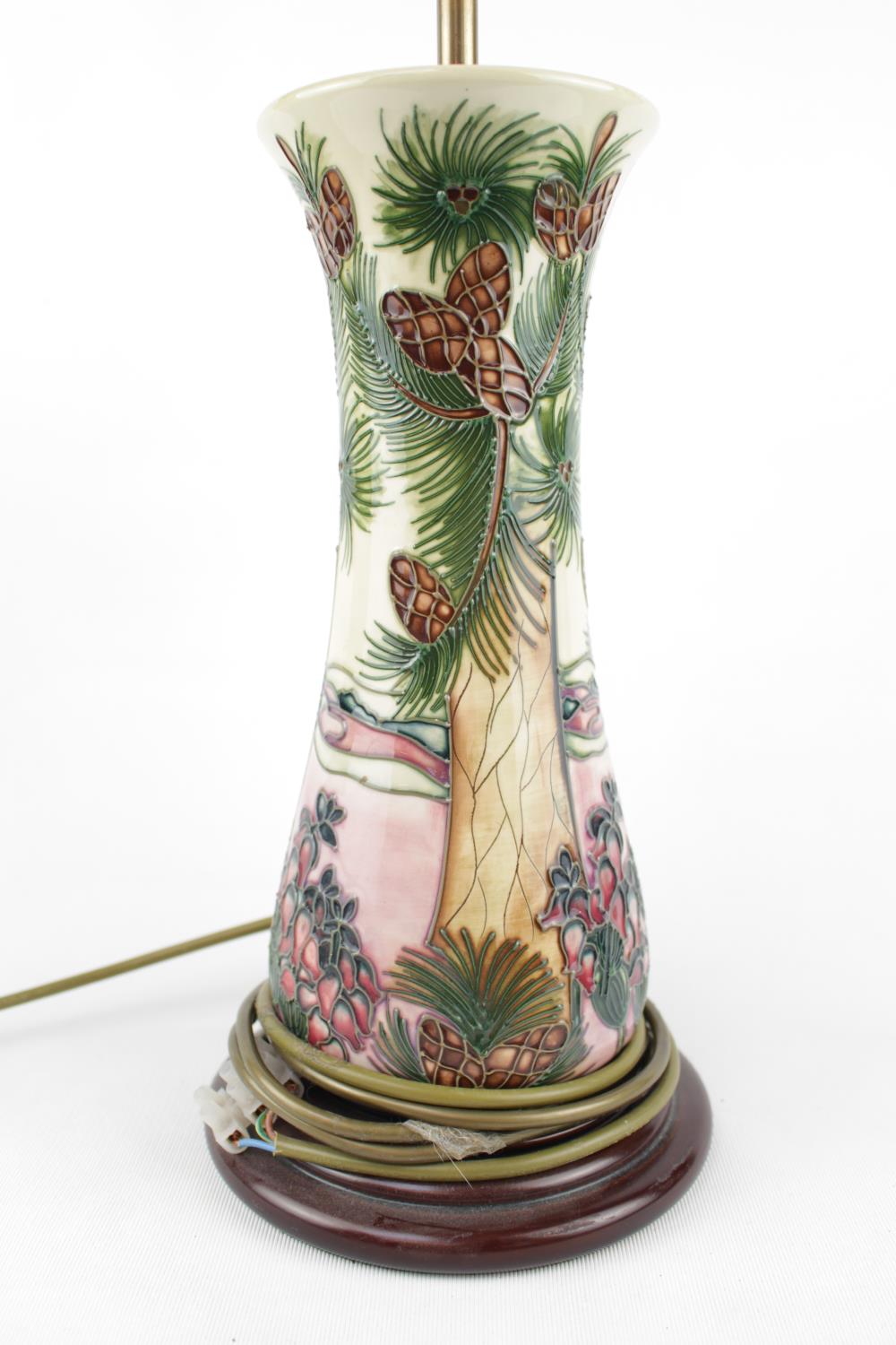 Large Moorcroft table lamp with shade, of Pine Forrest design and wooden base. 68cm in Height