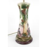 Large Moorcroft table lamp with shade, of Pine Forrest design and wooden base. 68cm in Height
