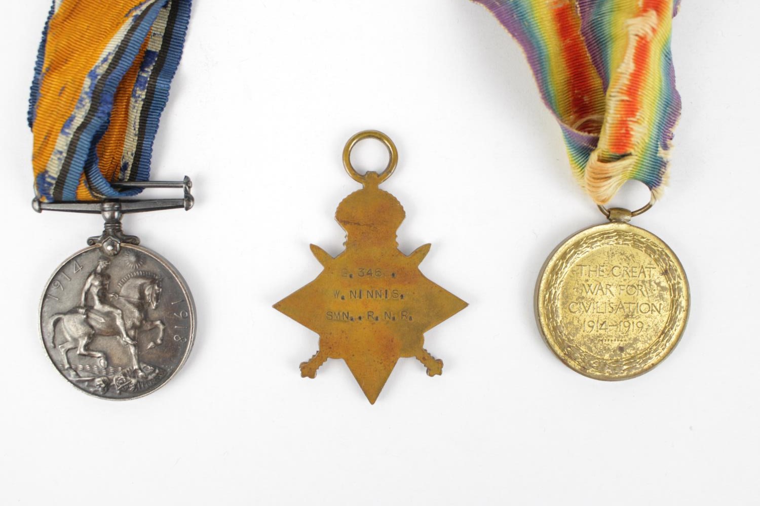 WW1 3 Medal group G 3463 W Ninnis SMN RNR with Ribbons Royal Naval Reserves - Image 2 of 2