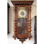 Late Victorian Mahogany cased wall clock with roman numeral dial and brass face