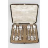 Cased Set of 6 Silver Teaspoons & matching Tongs, Birmingham 1922, 180g total weight